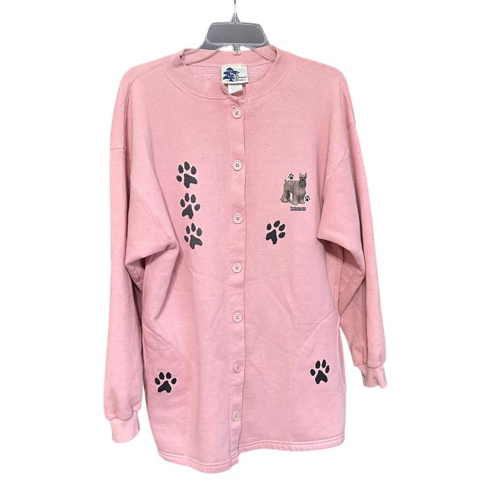 Pleasant Shade Pink Schnauzer Paw Print Button Up Cardigan Sweatshirt Women's XL